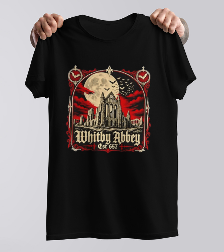 Whitby Abbey Gothic North Yorkshire England Est 657 Moon Bats T-Shirt