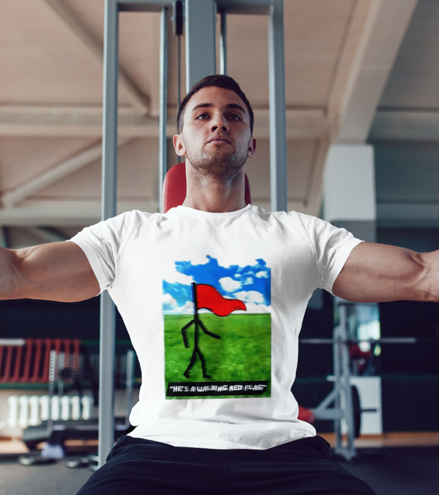 Stick Figure With Red Flag Walking In Field With Blue Sky T-Shirt