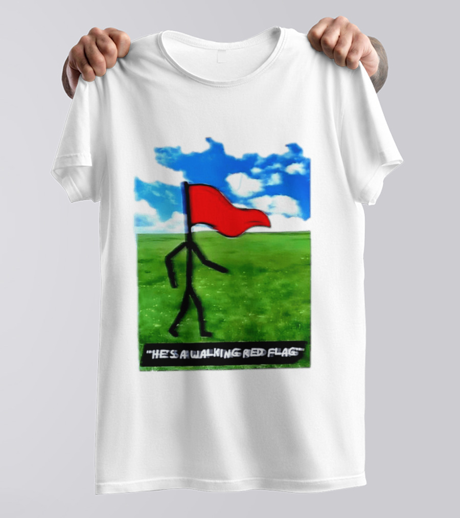 Stick Figure With Red Flag Walking In Field With Blue Sky T-Shirt