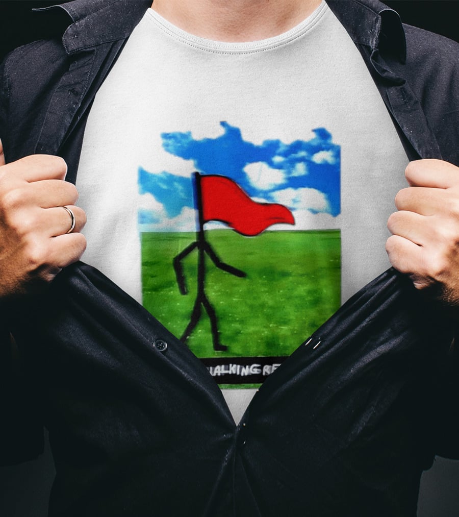 Stick Figure With Red Flag Walking In Field With Blue Sky T-Shirt