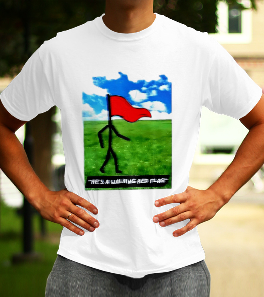 Stick Figure With Red Flag Walking In Field With Blue Sky T-Shirt