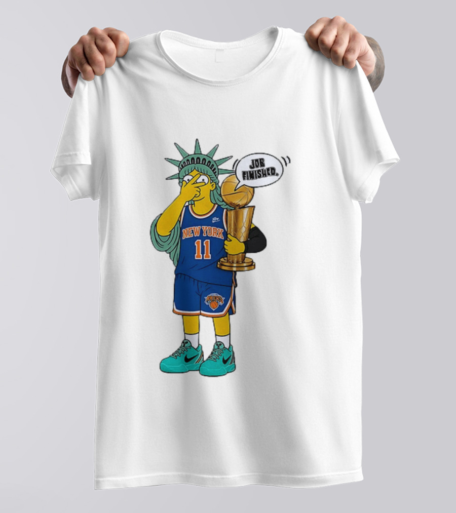 Statue Of Liberty Simpsons Jalen Brunson Hug Trophy New York Knicks Job Finished 2026 NBA Championship T-Shirt