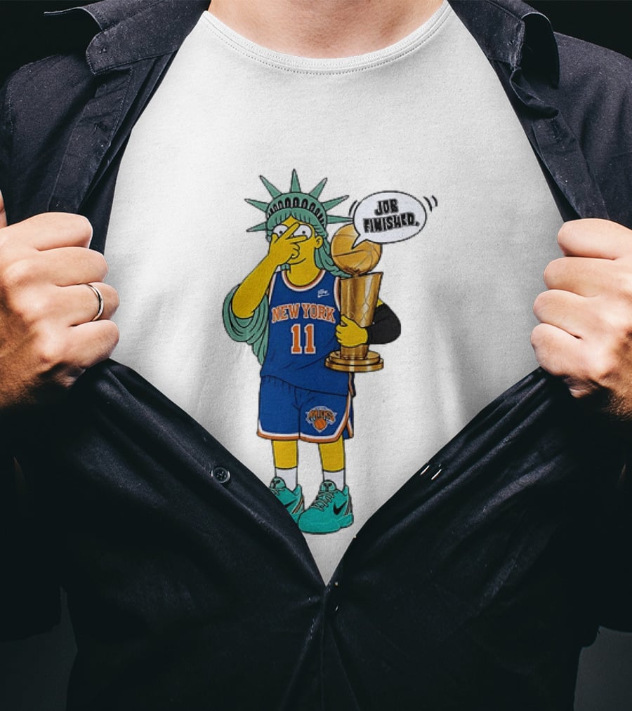 Statue Of Liberty Simpsons Jalen Brunson Hug Trophy New York Knicks Job Finished 2026 NBA Championship T-Shirt