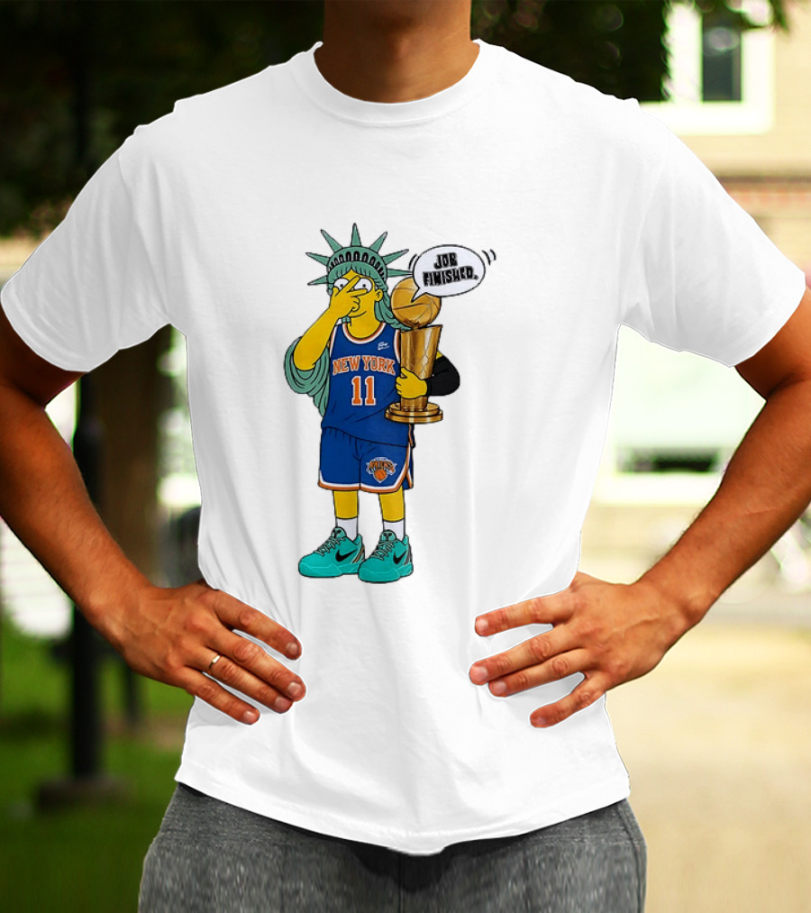 Statue Of Liberty Simpsons Jalen Brunson Hug Trophy New York Knicks Job Finished 2026 NBA Championship T-Shirt