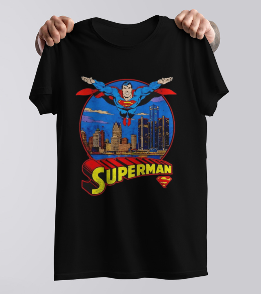 Superman Flying Over Detroit Skyline Vintage Comic T-Shirt
