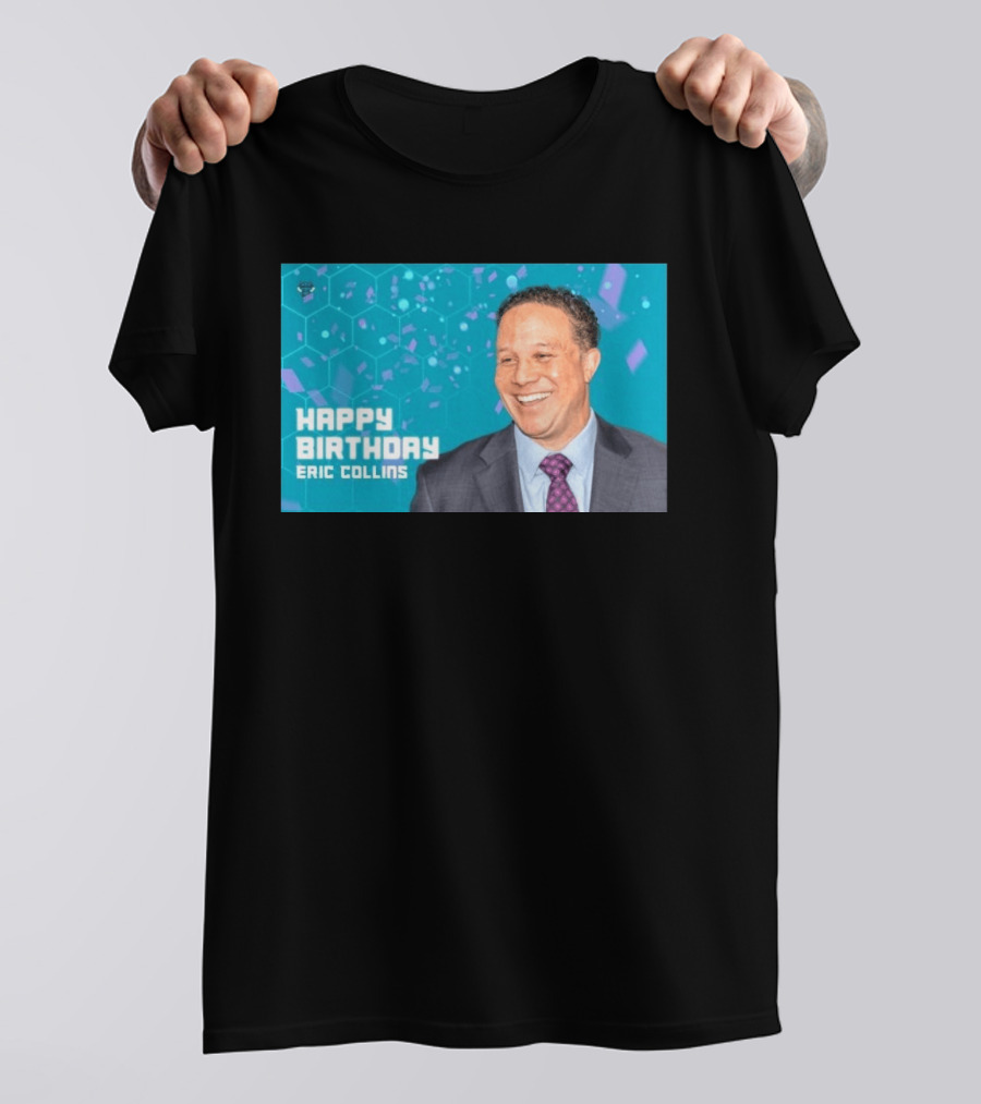 Happy 57th Birthday Eric Collins Celebration With Smiling Man And Turquoise Hexagonal T-Shirt