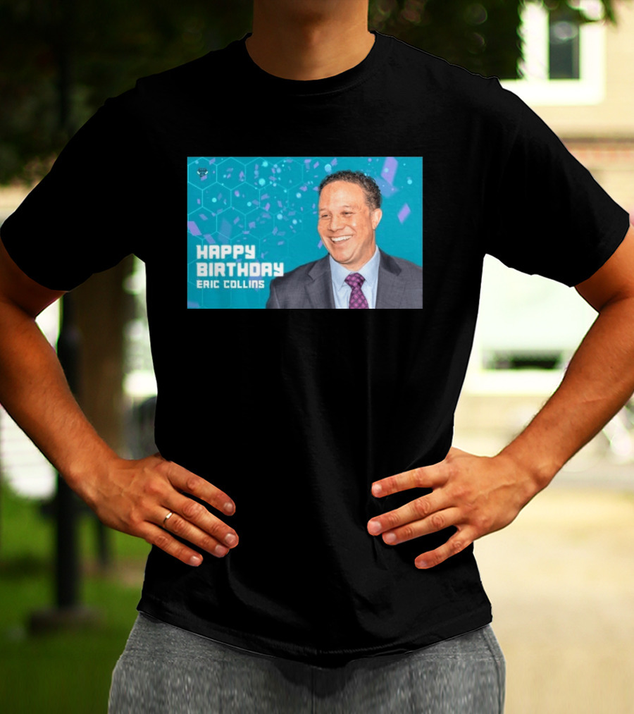 Happy 57th Birthday Eric Collins Celebration With Smiling Man And Turquoise Hexagonal T-Shirt