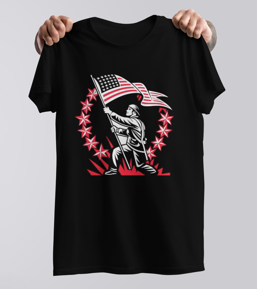 American Soldier Raising Flag USA Pride Patriotic Stars T-Shirt