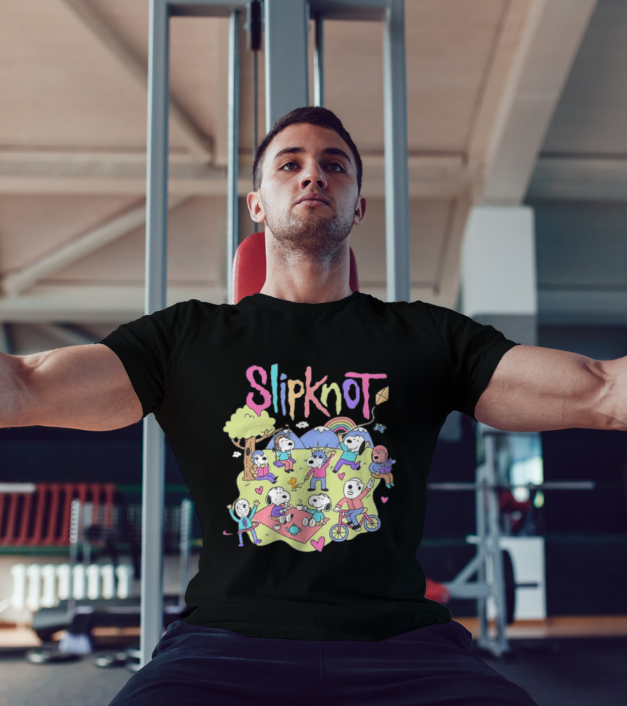 Snoopy Peanuts Characters Playing In Park With Slipknot T-Shirt