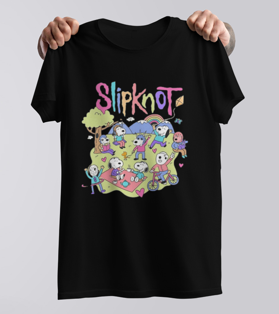 Snoopy Peanuts Characters Playing In Park With Slipknot T-Shirt