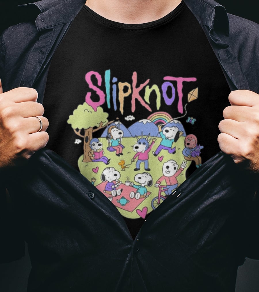 Snoopy Peanuts Characters Playing In Park With Slipknot T-Shirt