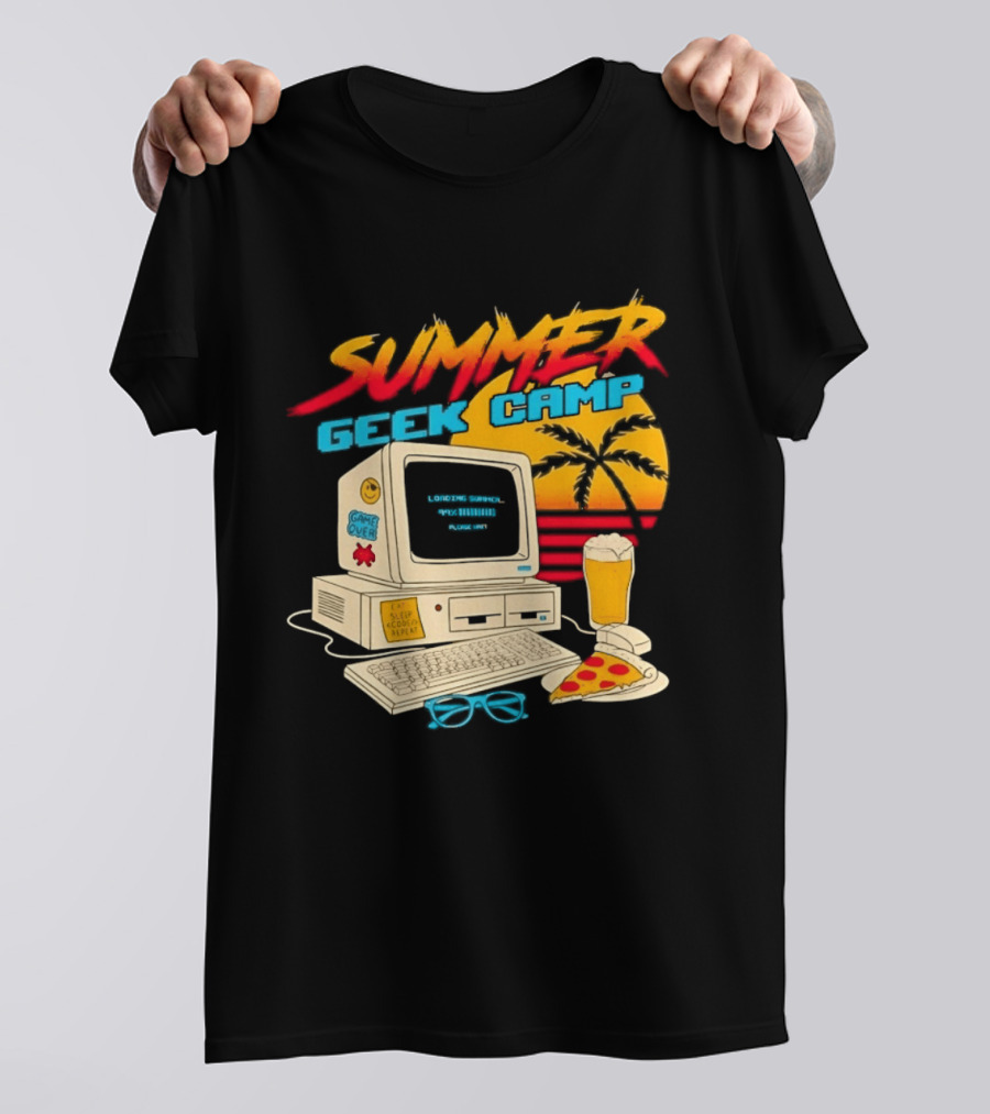 Summer Geek Camp Retro Computer Pizza And Palm Vibes T-Shirt