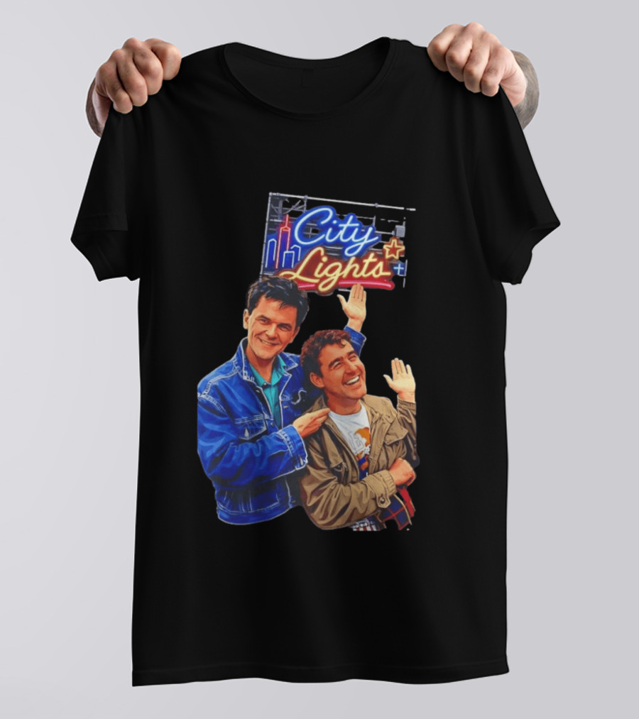 Two Men Smiling And Waving City Lights Neon Sign T-Shirt