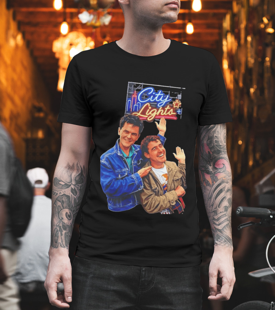 Two Men Smiling And Waving City Lights Neon Sign T-Shirt