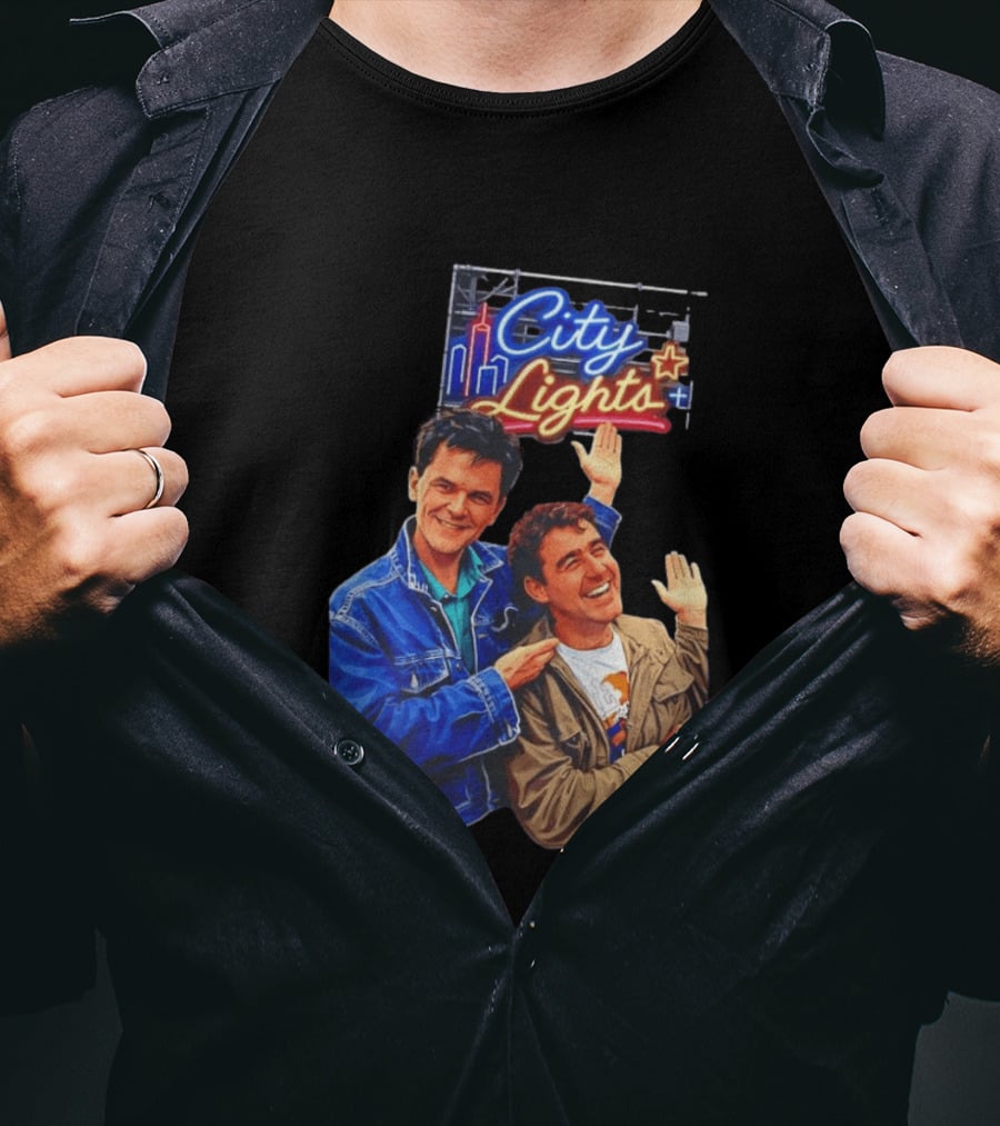 Two Men Smiling And Waving City Lights Neon Sign T-Shirt