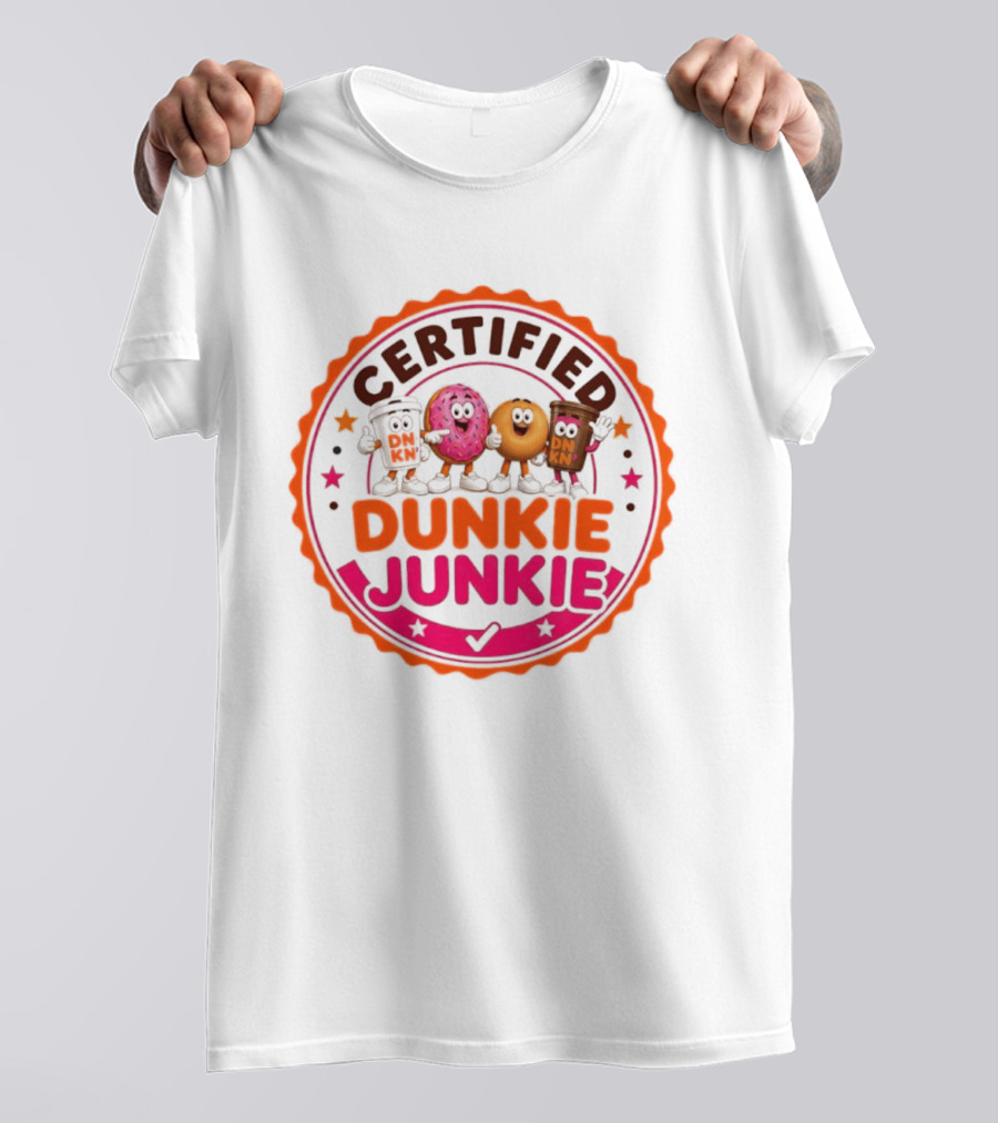 Certified Dunkie Junkie Characters Badge Coffee Donut Fun T-Shirt