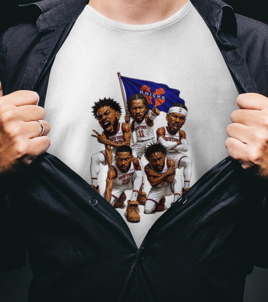 New York Knicks Jalen Brunson NBA Players Holding Team Flag Celebration T-Shirt