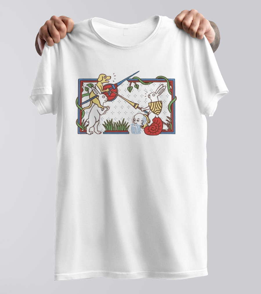 Medieval Dog And Rabbit Jousting Battle Scene With Snail And Sword T-Shirt