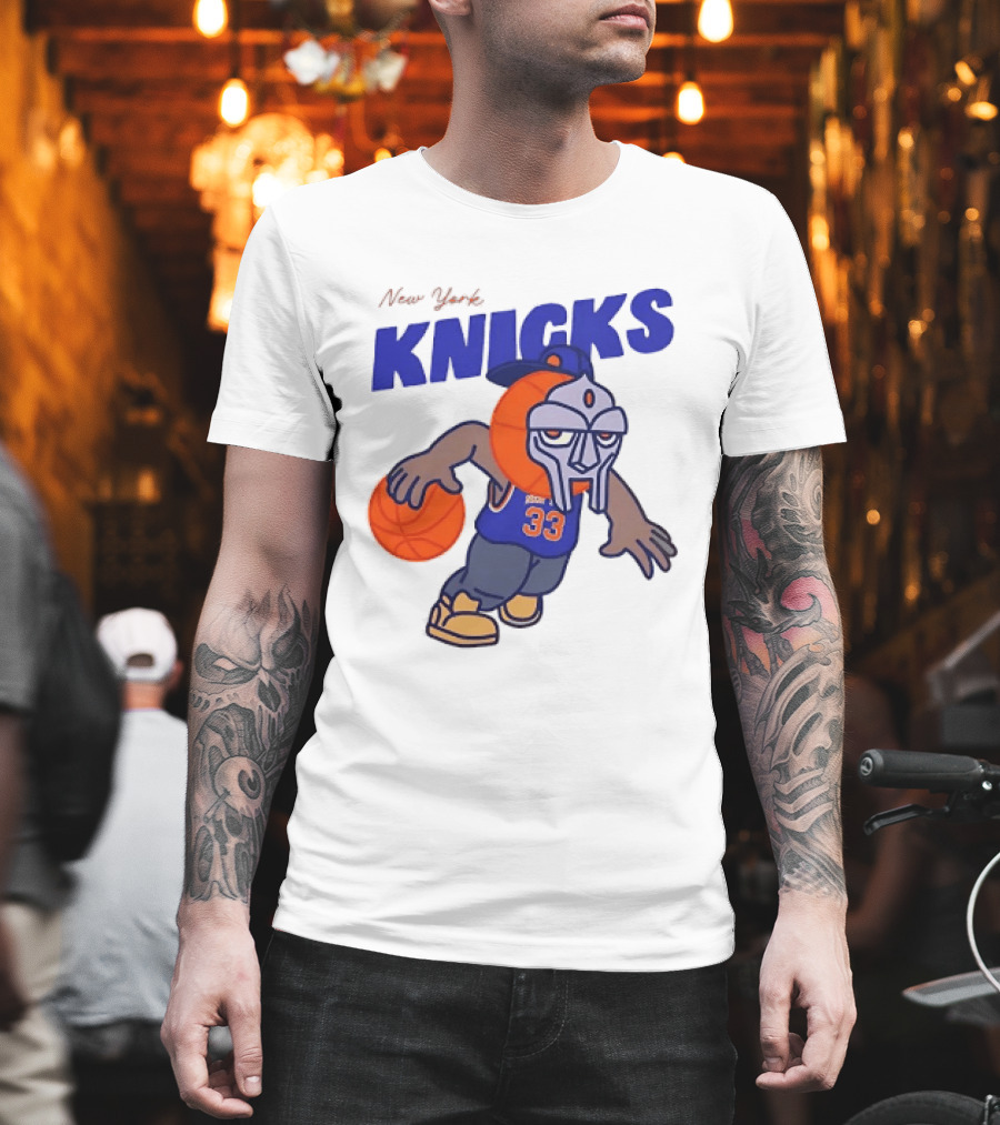 New York Knicks MF DOOM Basketball Mask Number 33 Dribbling T-Shirt