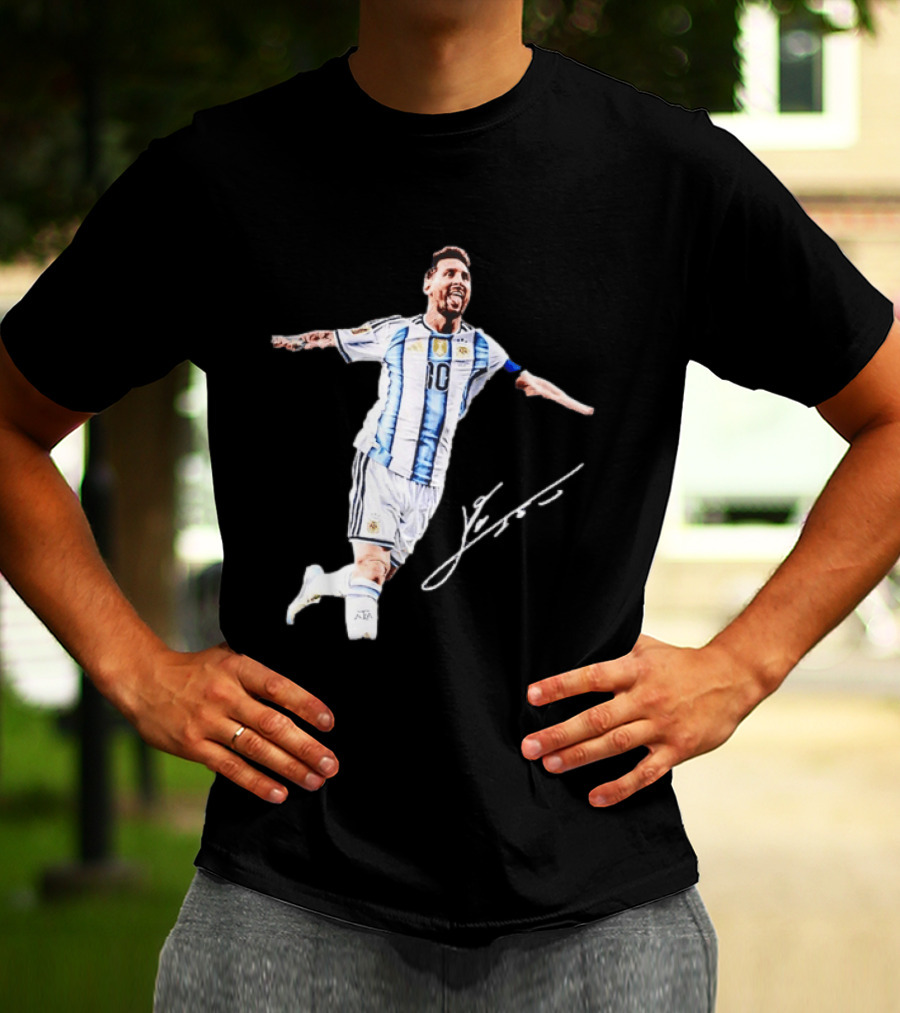 Lionel Messi 10 Argentina Jersey Signature Soccer Legend Celebration T-Shirt