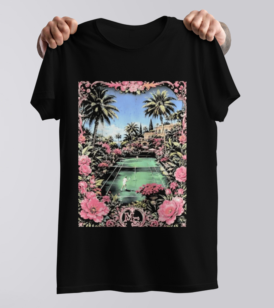 Tennis Players On Mansion Court MS Initials With Pink Floral Frame T-Shirt