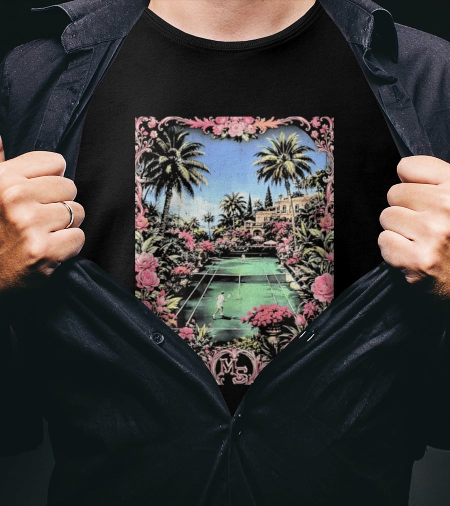 Tennis Players On Mansion Court MS Initials With Pink Floral Frame T-Shirt