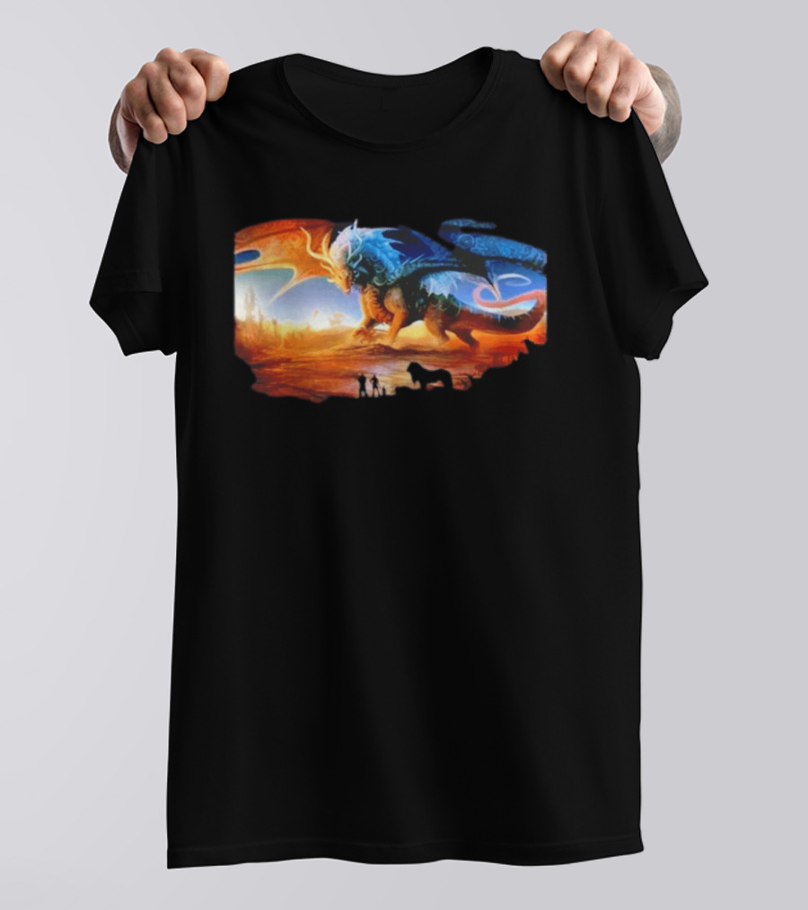 Giant Dragon In Radiant Golden Light With Blue And Orange Wings T-Shirt