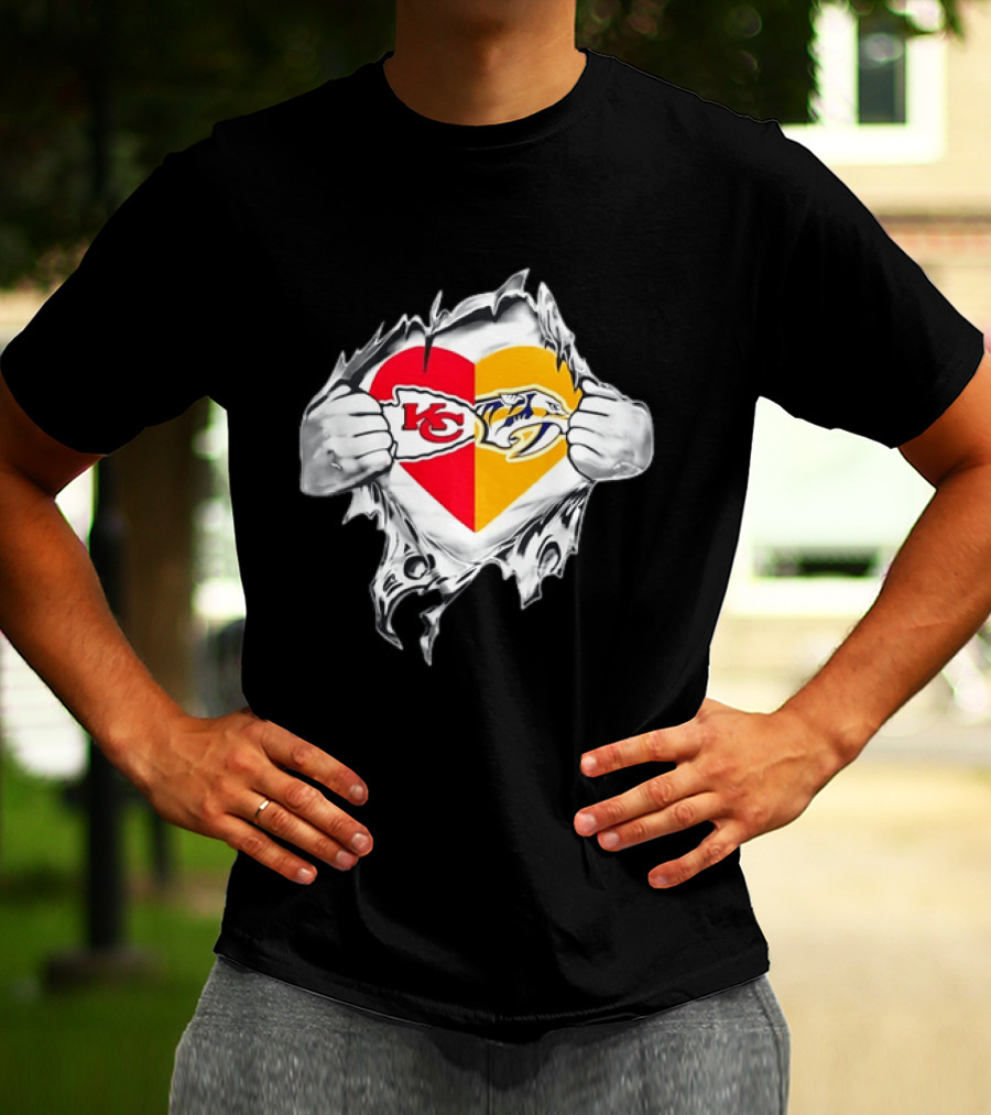 Kansas City Chiefs Nashville Predators Heart Ripping Open T-Shirt
