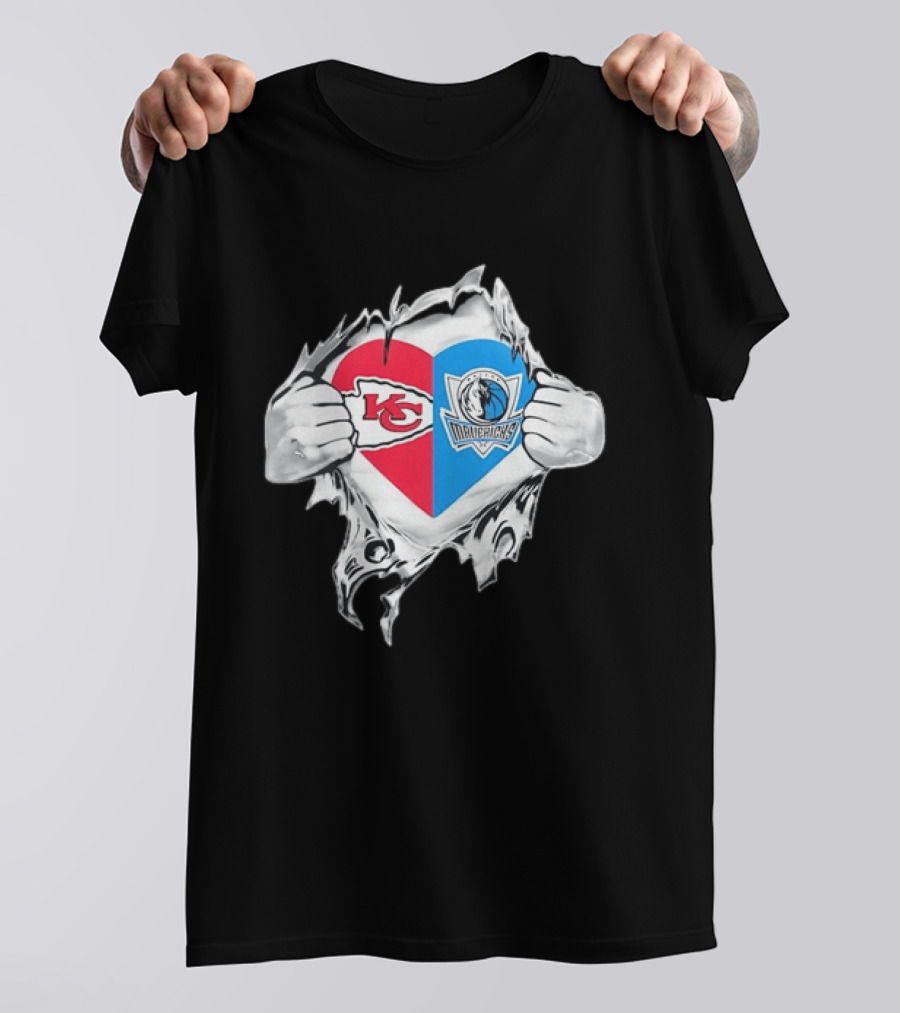 Kansas City Chiefs Dallas Mavericks Heart Ripped Open NFL NBA Crossover Fan Gear T-Shirt