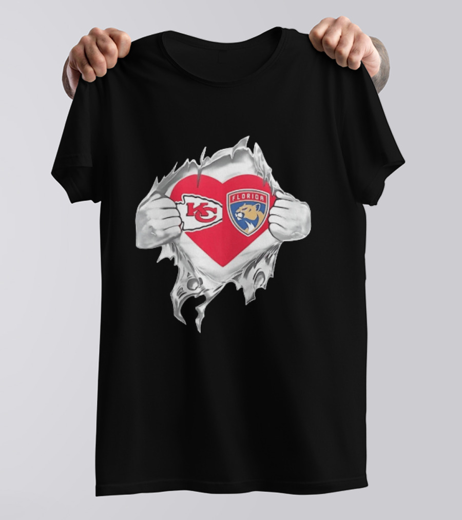 KC Chiefs Florida Panthers Heart Ripped Chest Kansas City NFL Florida NHL Fans T-Shirt