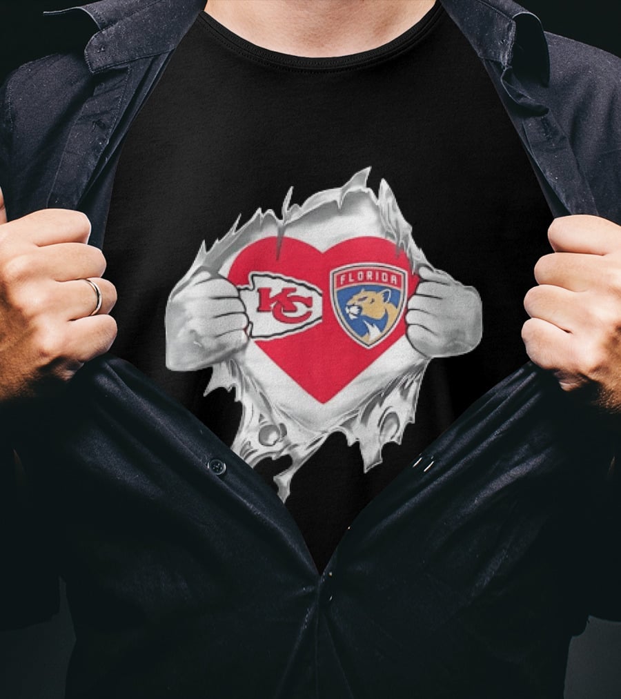 KC Chiefs Florida Panthers Heart Ripped Chest Kansas City NFL Florida NHL Fans T-Shirt