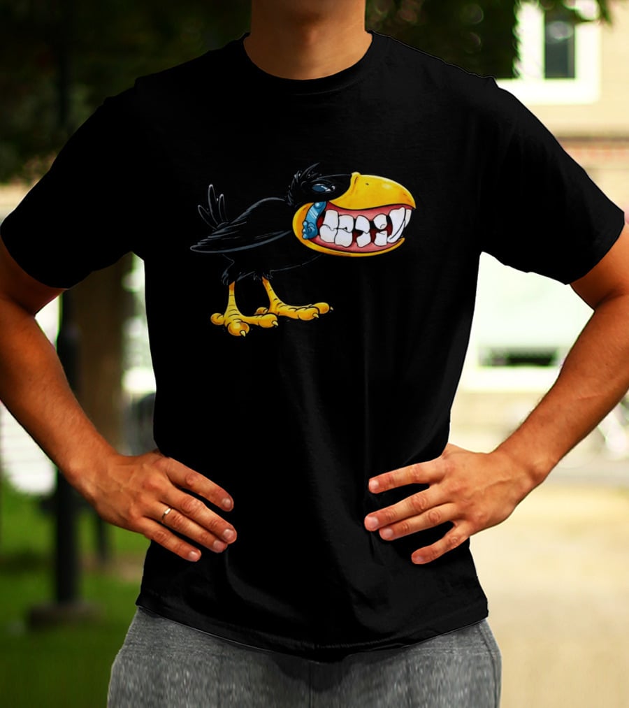 Crow With Huge Teeth Cartoon Blue Phone Green T-Shirt