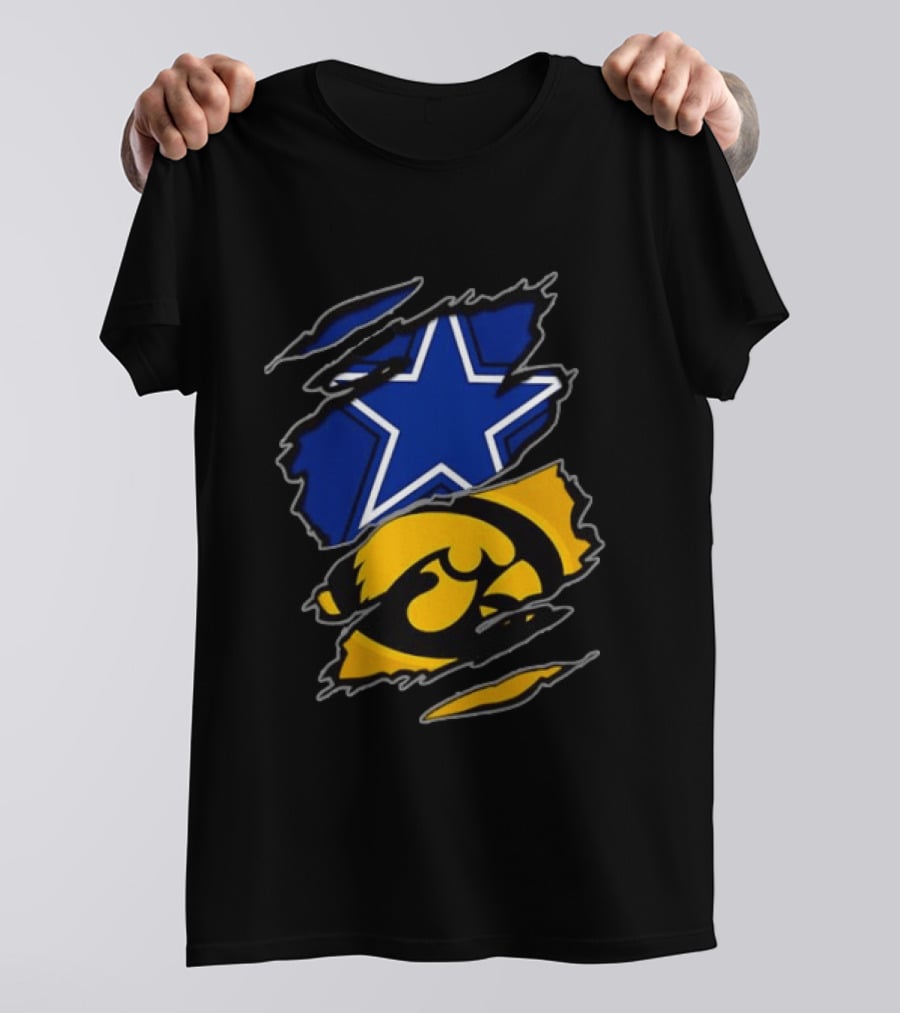 Dallas Cowboys Star And Iowa Hawkeyes Ripped Logo Sports Fan Gear T-Shirt
