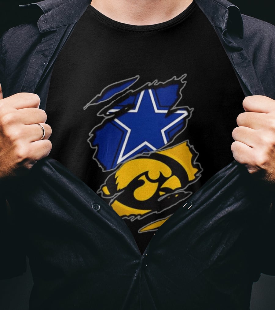 Dallas Cowboys Star And Iowa Hawkeyes Ripped Logo Sports Fan Gear T-Shirt