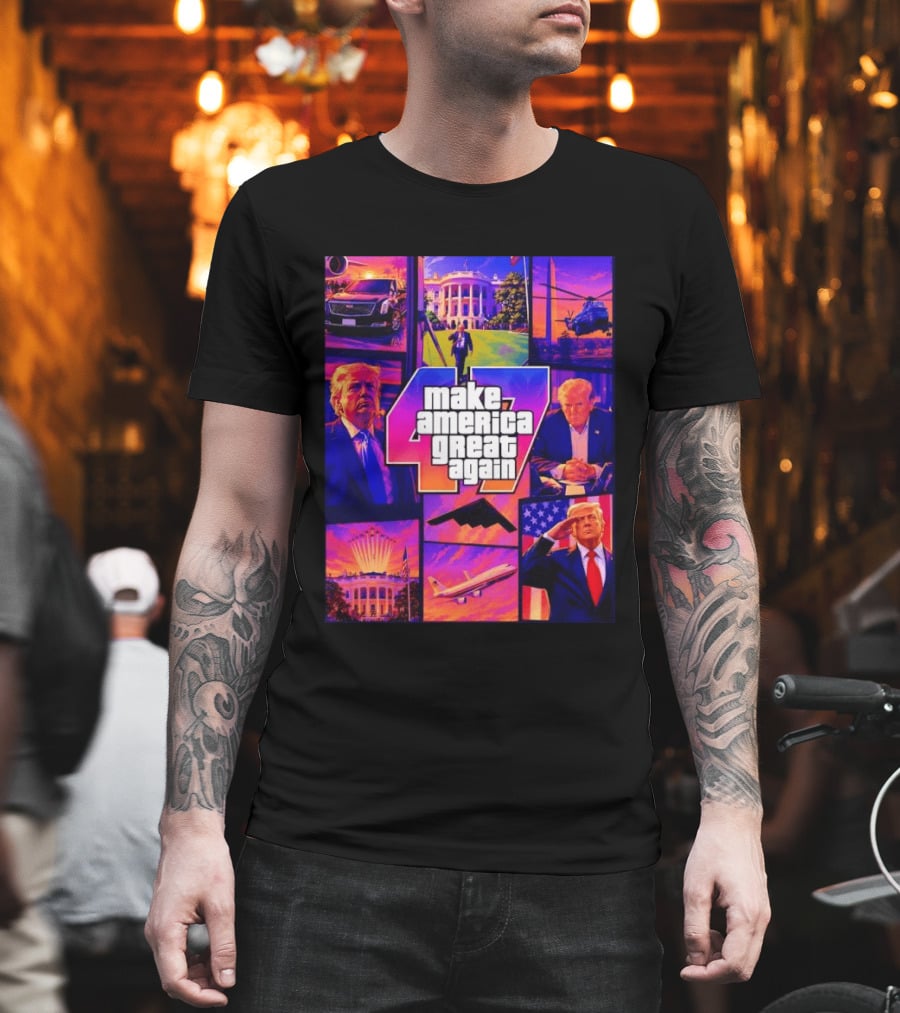 Make America Great Again GTA 47 Parody Trump White House Military Aircraft Montage T-Shirt