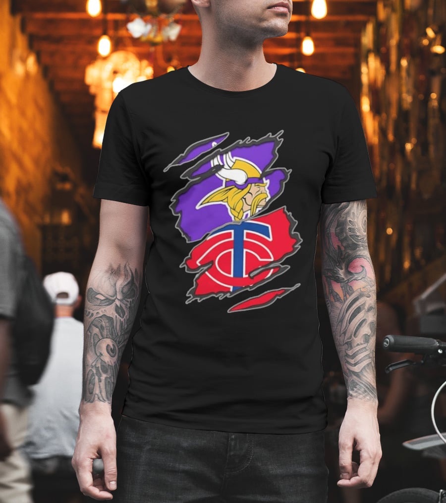 Minnesota Vikings Minnesota Twins Iconic Team Collaboration Ripped T-Shirt