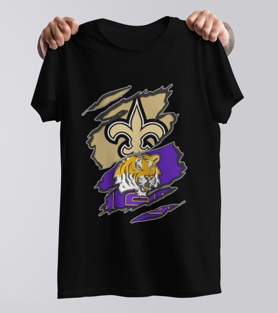 New Orleans Saints LSU Tigers Football Louisiana Logos Ripped T-Shirt