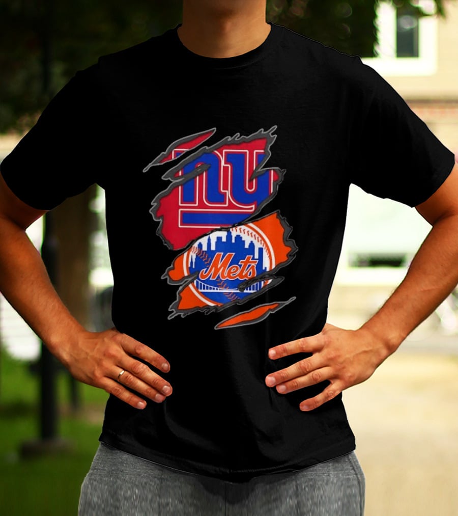 New York Giants New York Mets Ripped Reveal Football Baseball T-Shirt