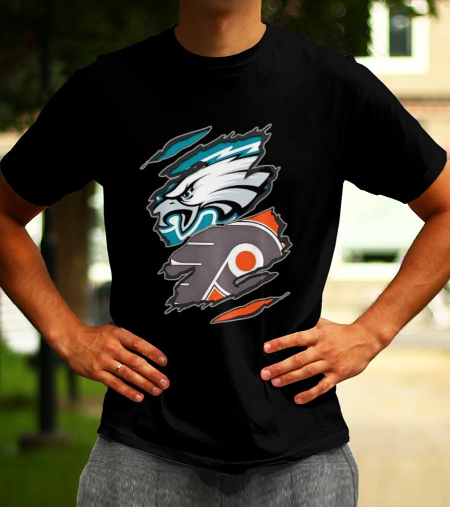 Philadelphia Eagles And Philadelphia Flyers Ripped Tear Sports Team T-Shirt