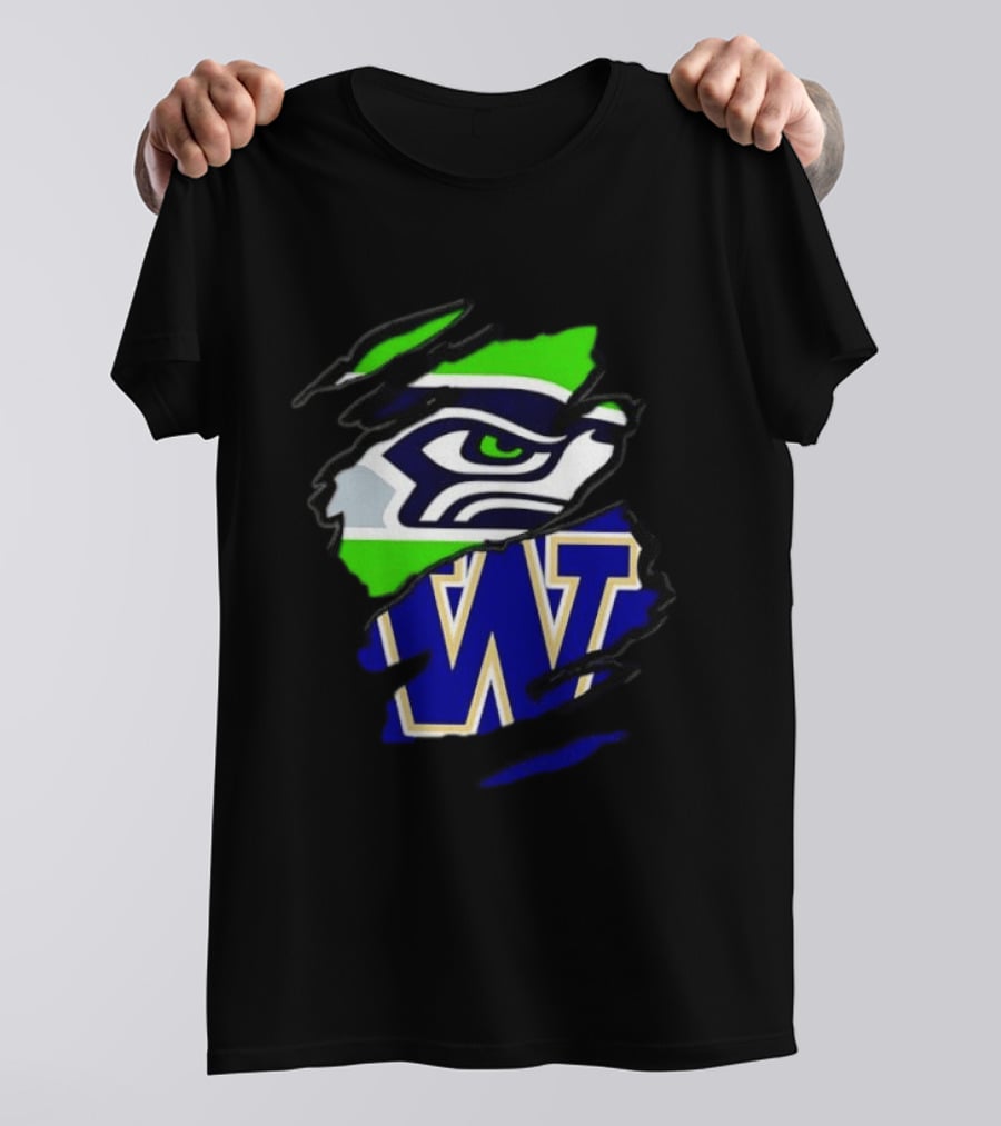 Seattle Seahawks Washington Huskies Ripped Through Logos T-Shirt
