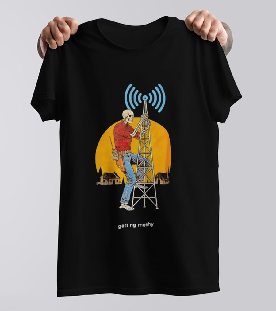 Skeleton Climbing Tower With Radio Waves Retro Scene T-Shirt