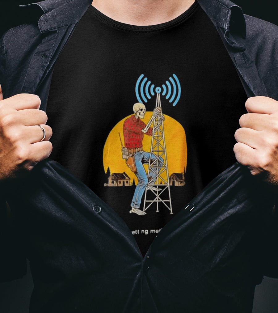 Skeleton Climbing Tower With Radio Waves Retro Scene T-Shirt