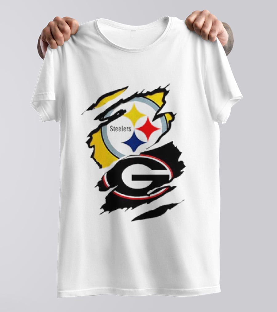 Pittsburgh Steelers Georgia Bulldogs NCAA Football Ripped Torn Effect T-Shirt
