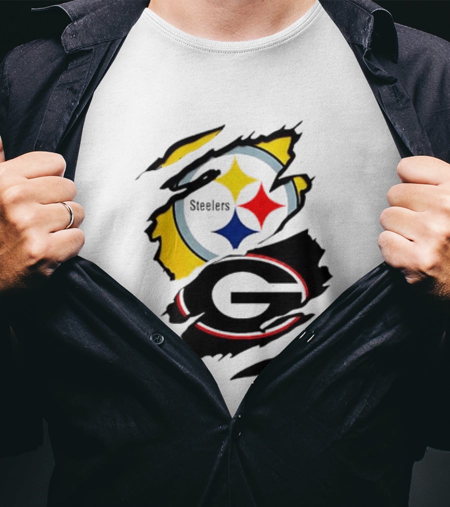 Pittsburgh Steelers Georgia Bulldogs NCAA Football Ripped Torn Effect T-Shirt