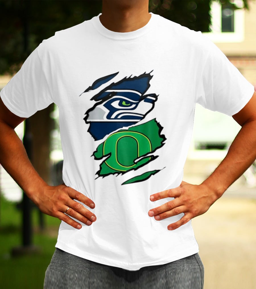 Seattle Seahawks Oregon Ducks Ripped Skin Effect NFL College Team Spirit T-Shirt