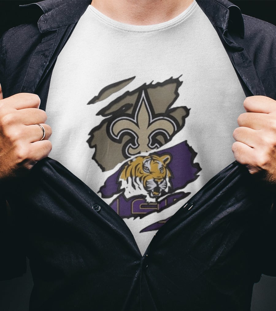 New Orleans Saints LSU Tigers Beneath The Surface Fleur De Lis Tiger Split T-Shirt