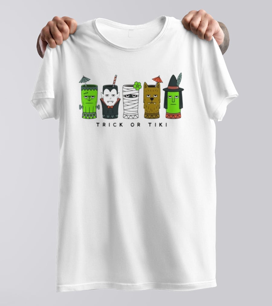 Trick Or Tiki Frankenstein Vampire Mummy Werewolf Witch Halloween T-Shirt