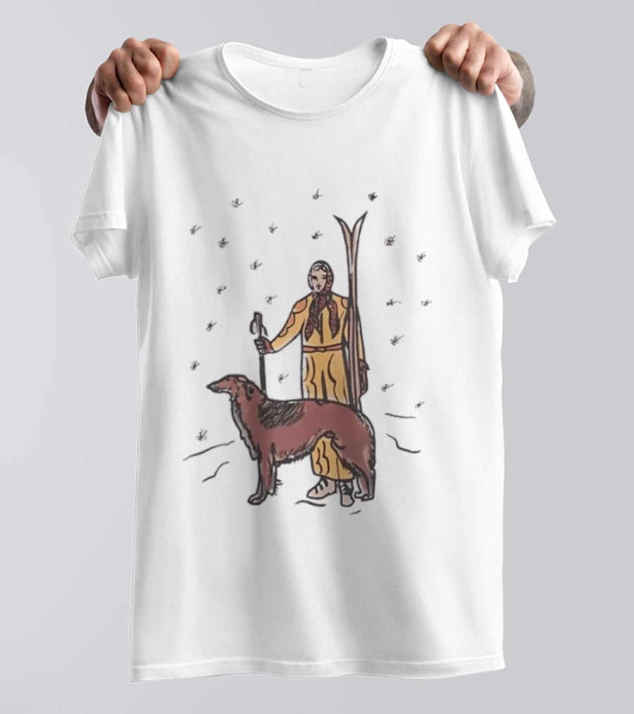 Woman Skiing With Borzoi Dog In Winter Sports Scene T-Shirt
