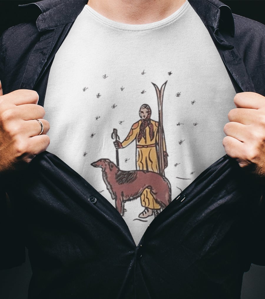 Woman Skiing With Borzoi Dog In Winter Sports Scene T-Shirt