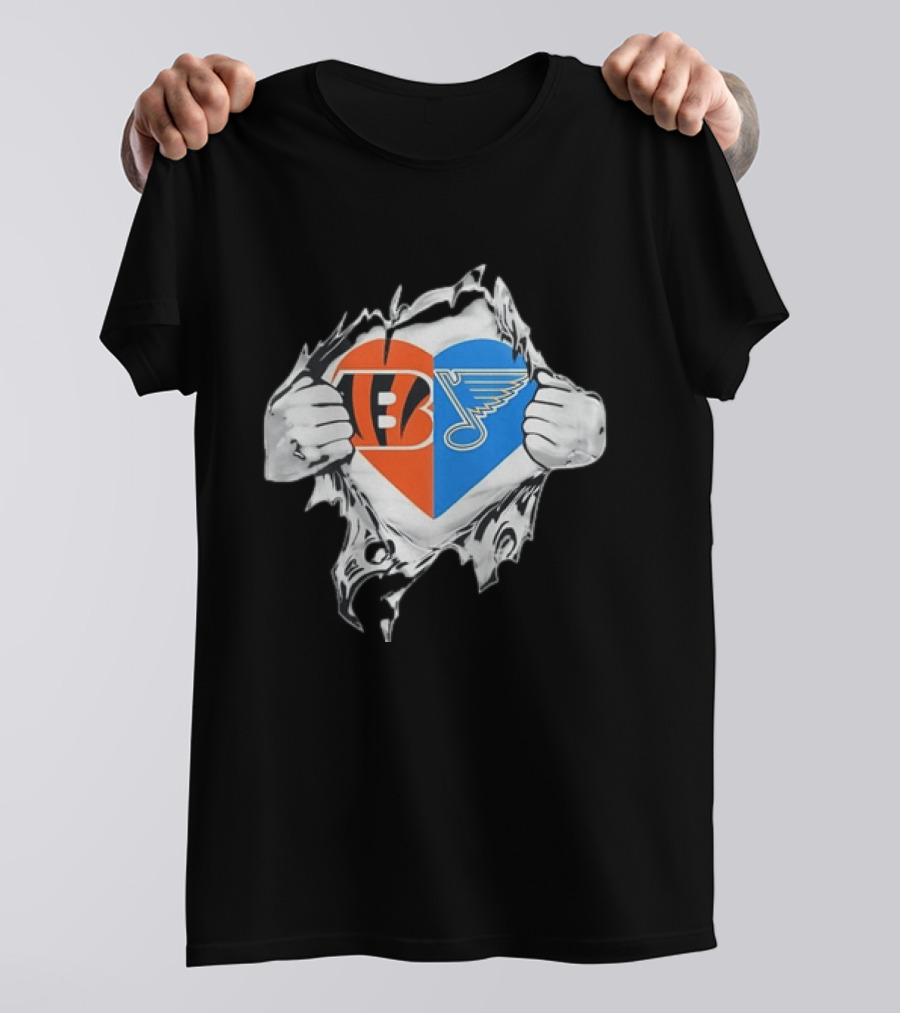 Bengals Blues Tattered Heart Shape Split Symbol With Hands T-Shirt